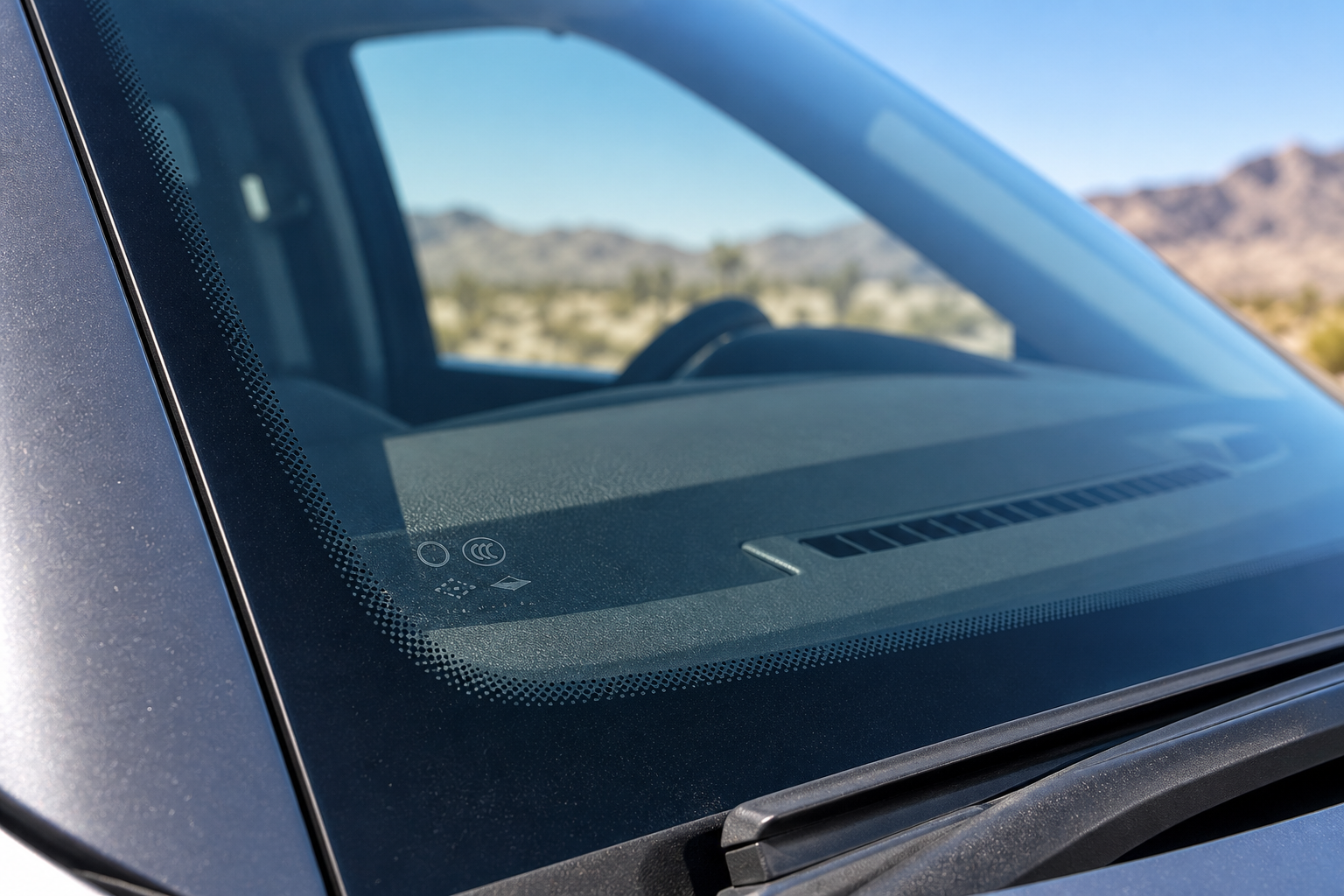 Illustrative close-up of the lower windshield corner where automotive glass identification markings appear.